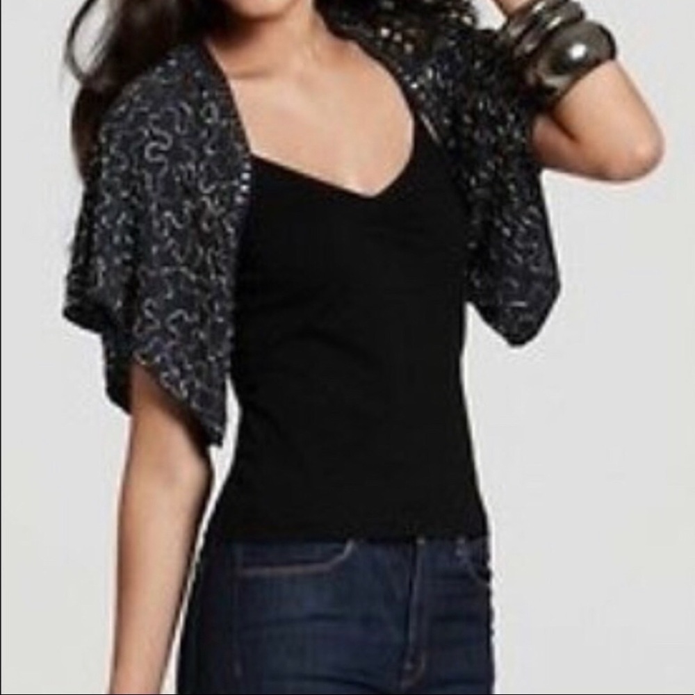 NANETTE LEPORE HAND BEADED MERINO WOOL SHRUG